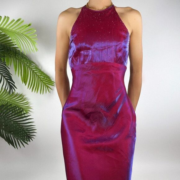 Vintage 2000s Purple Iridescent Vampy Fairycore Halter Top Prom Evening Dress /5 - Picture 3 of 6